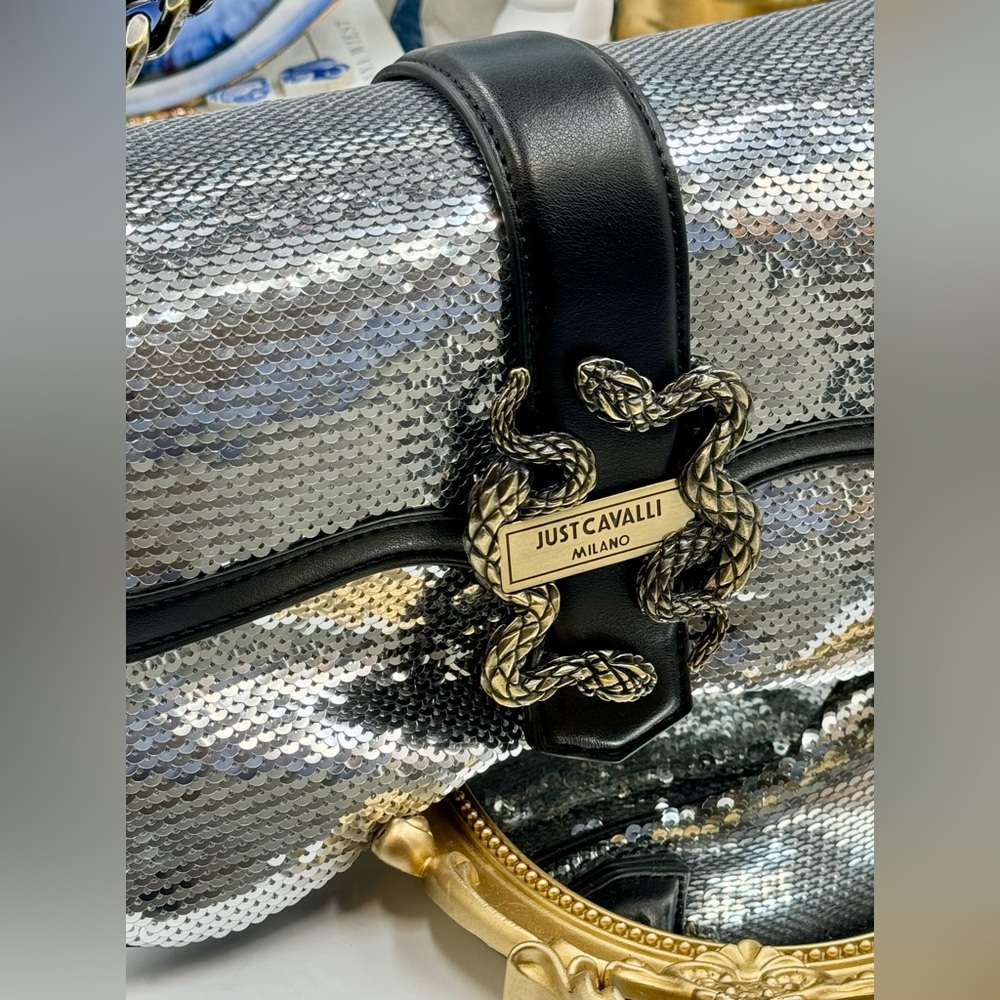 🆕 JUST CAVALLI 🧿 NWT Iconic Snakes Logo-Plaque Sequin Handbag - Picture 8 of 15